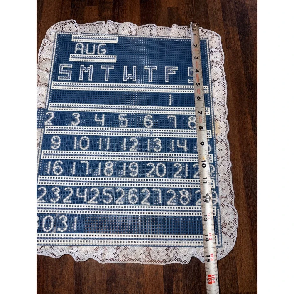 Vtg‎ Blue Plastic Canvas Needlepoint Perpetual Calendar Lace Handmade Gramcore